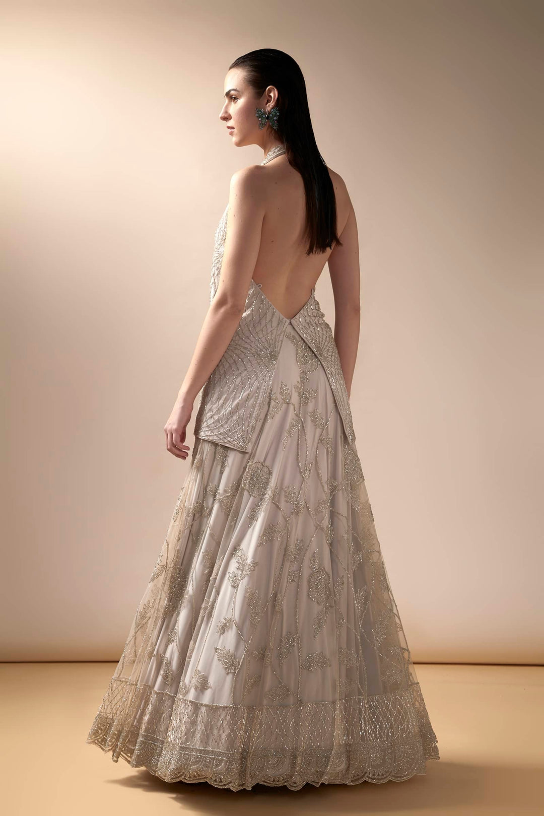 Tulle lehenga with halter knotted Top (Grey)