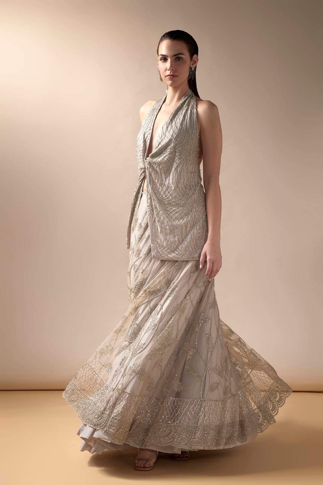 Tulle lehenga with halter knotted Top (Grey)