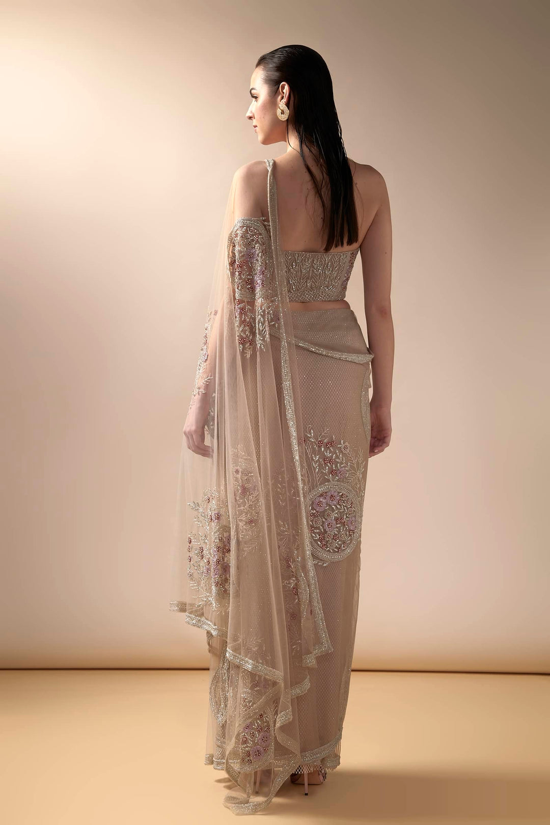 Tulle Saree With Geometric Embroidery And Corset Blouse