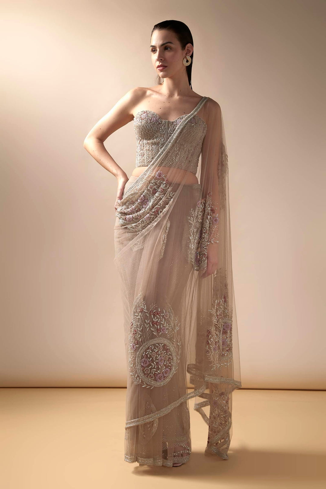 Tulle Saree With Geometric Embroidery And Corset Blouse
