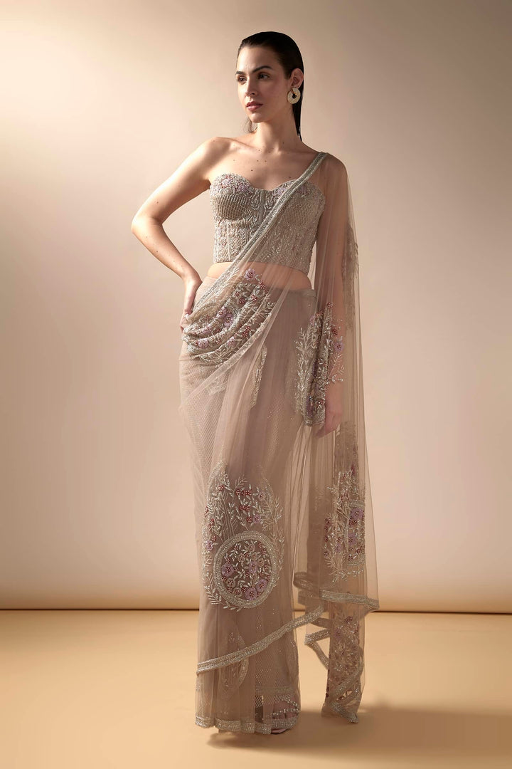 Tulle Saree With Geometric Embroidery And Corset Blouse