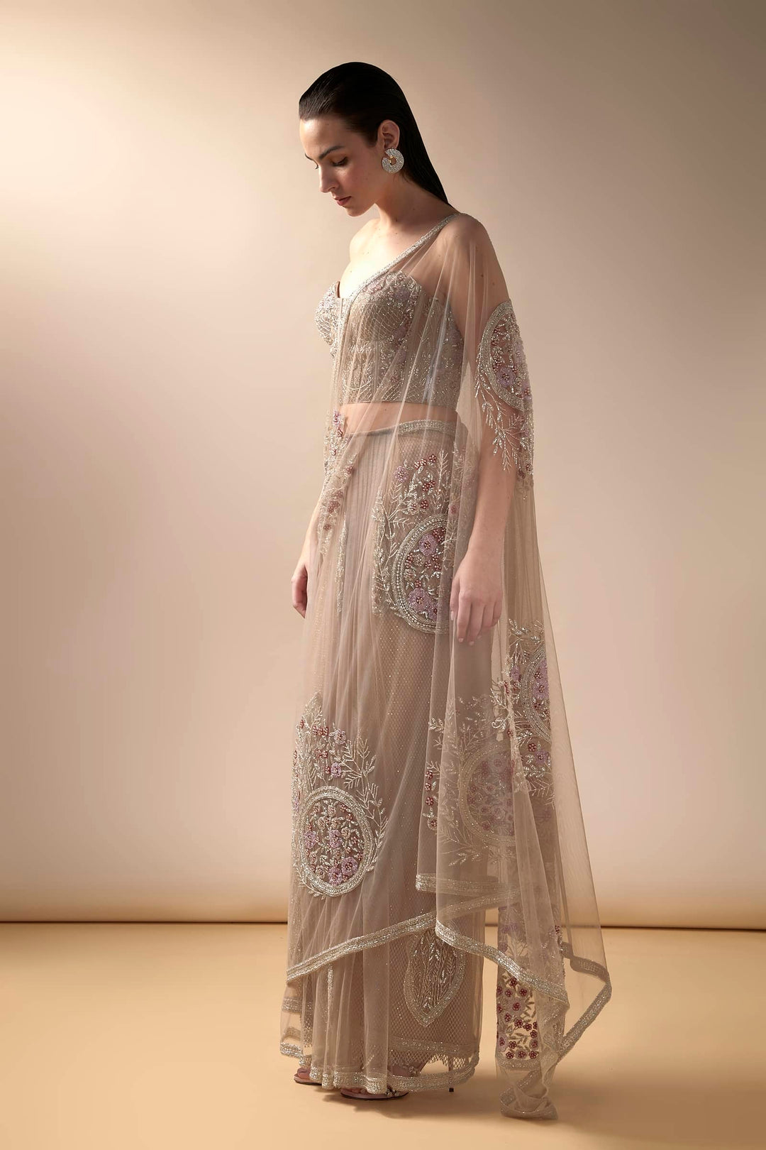 Tulle Saree With Geometric Embroidery And Corset Blouse