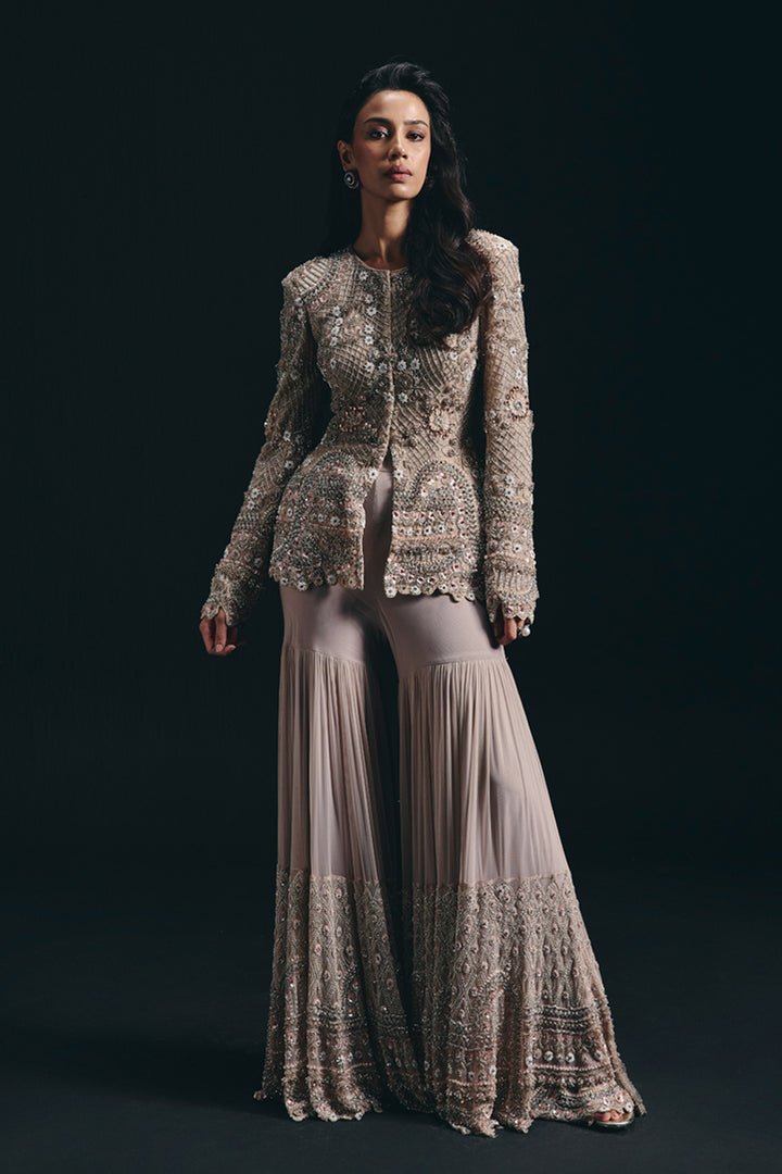 Elara - Taupe 3d Jacket and Sharara Set