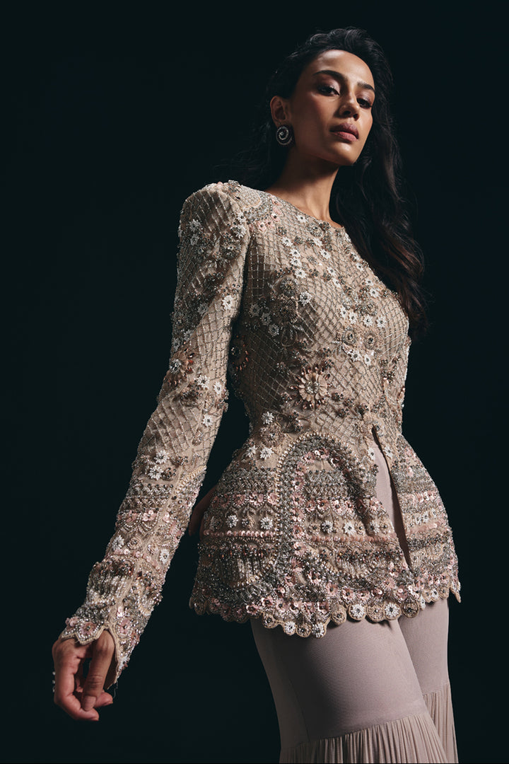 Elara - Taupe 3d Jacket and Sharara Set