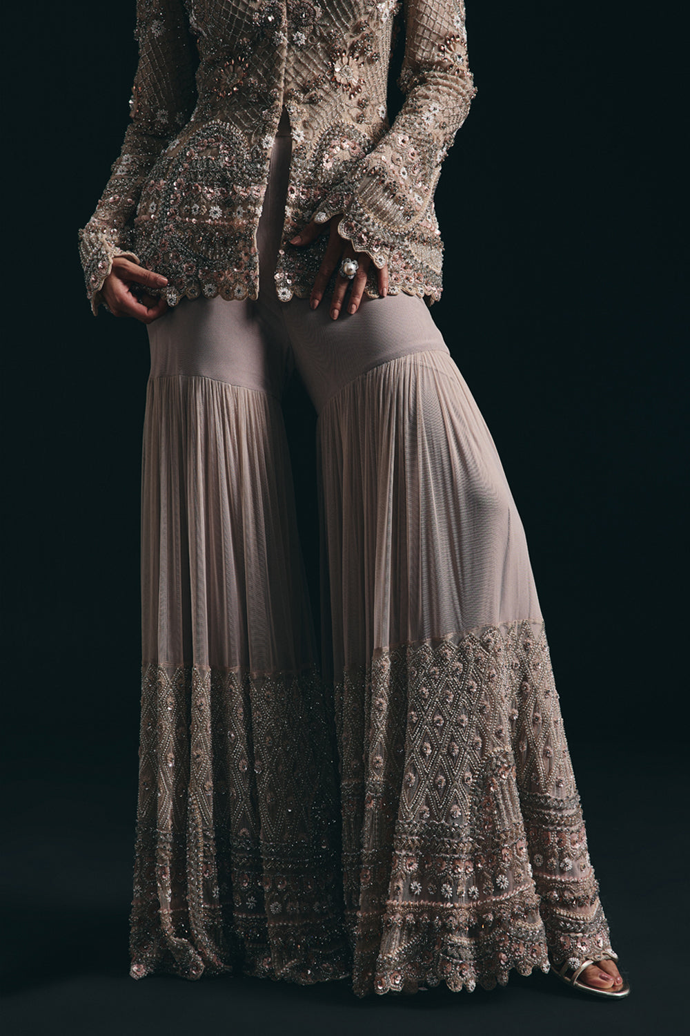 Elara - Taupe 3d Jacket and Sharara Set
