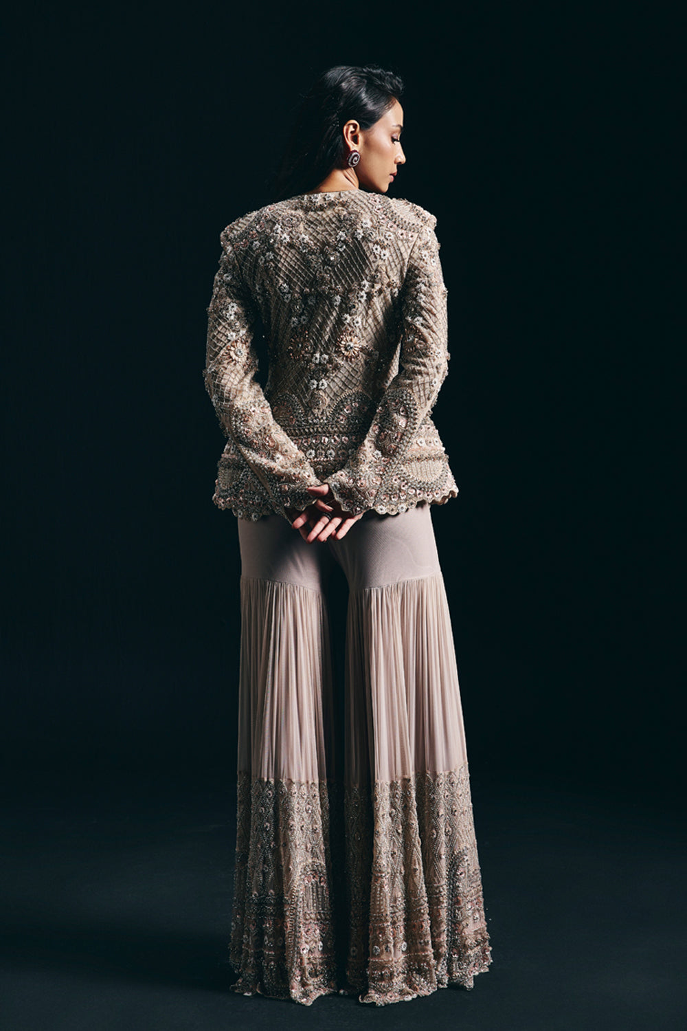 Elara - Taupe 3d Jacket and Sharara Set