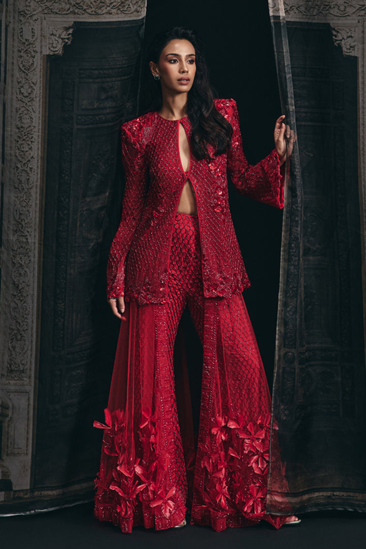Rouge - Cutwork Jacket With 3d Sharara Skirt Set