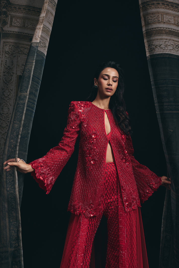 Rouge - Cutwork Jacket With 3d Sharara Skirt Set