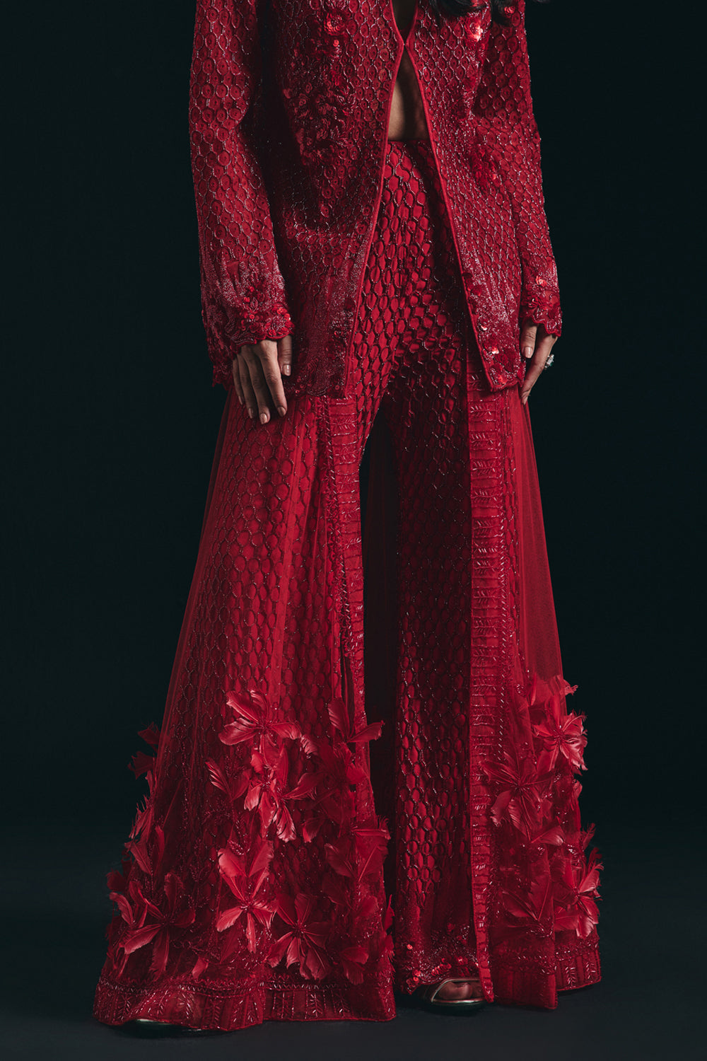Rouge - Cutwork Jacket With 3d Sharara Skirt Set