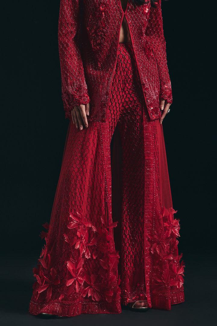 Rouge - Cutwork Jacket With 3d Sharara Skirt Set