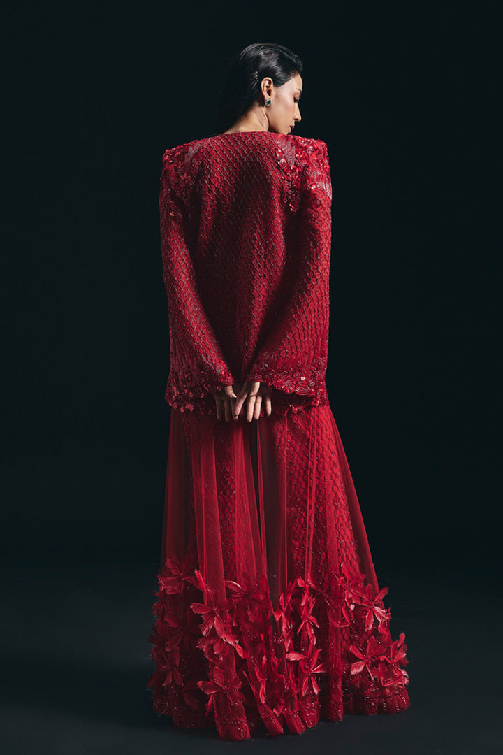 Rouge - Cutwork Jacket With 3d Sharara Skirt Set