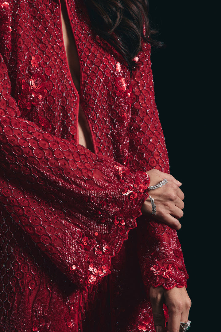 Rouge - Cutwork Jacket With 3d Sharara Skirt Set