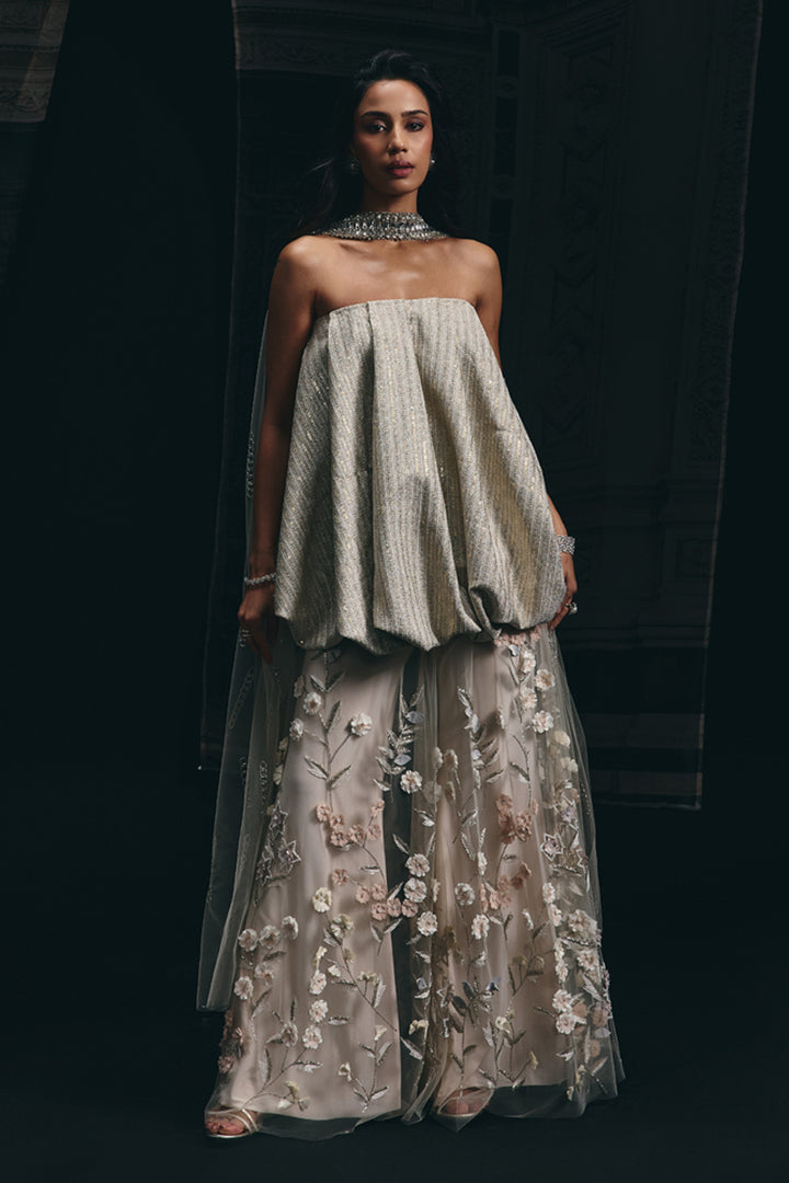 Ecru - Balloon Top With 3D Floral Sharara Set