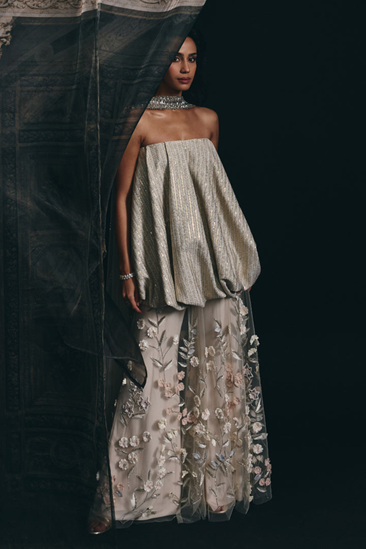 Ecru - Balloon Top With 3D Floral Sharara Set