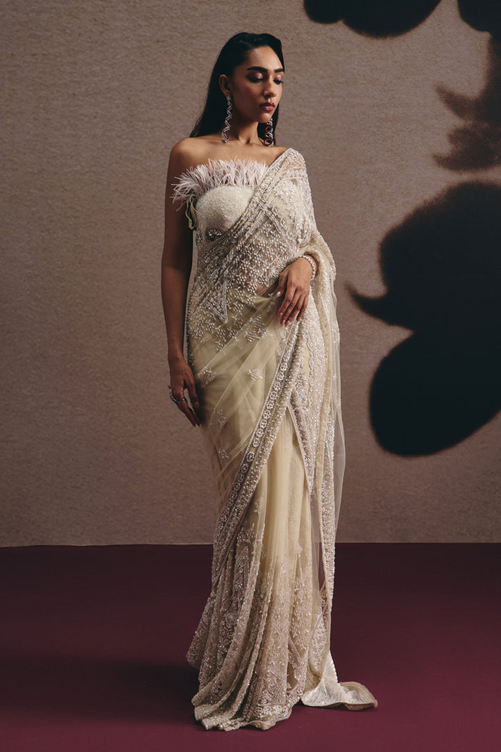 Luna - Ivory Saree Set With Threadwork (Pre-stitched)