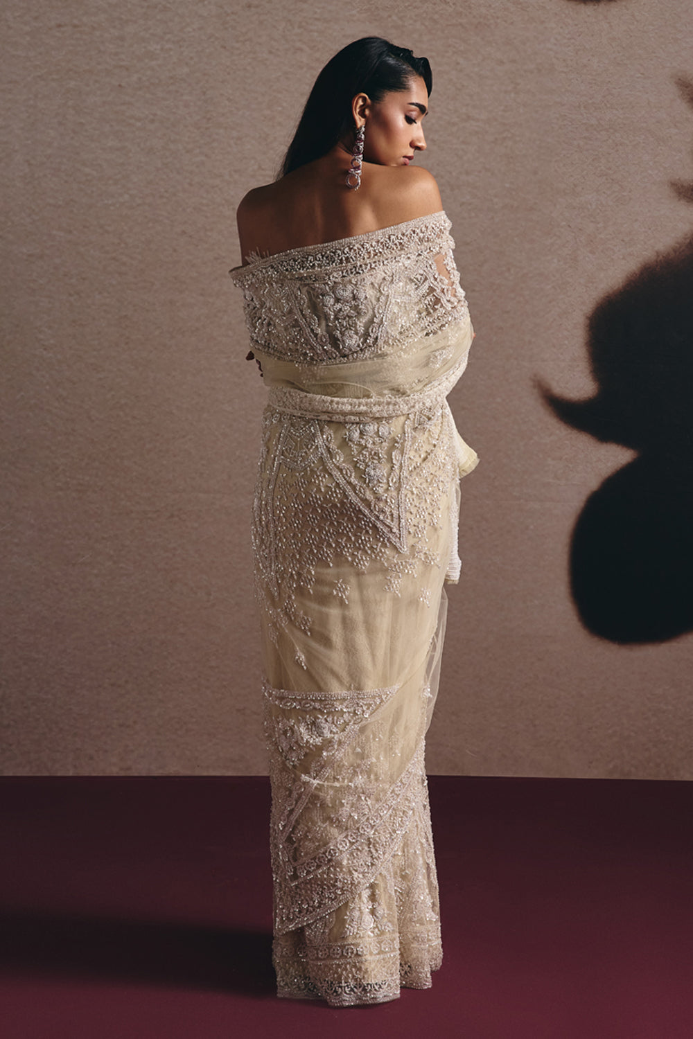 Luna - Ivory Saree Set With Threadwork (Pre-stitched)