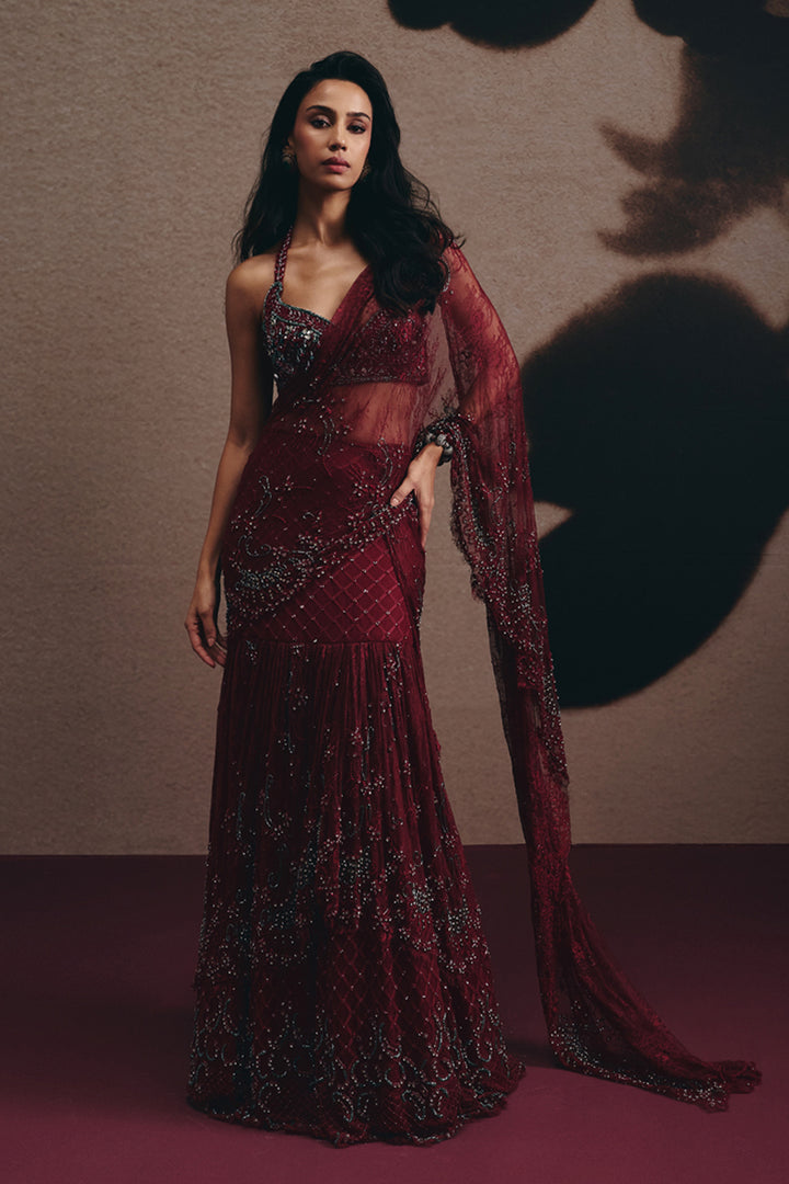 Anaya - Marsala Embellished Drape Saree Set (Pre-stitched)