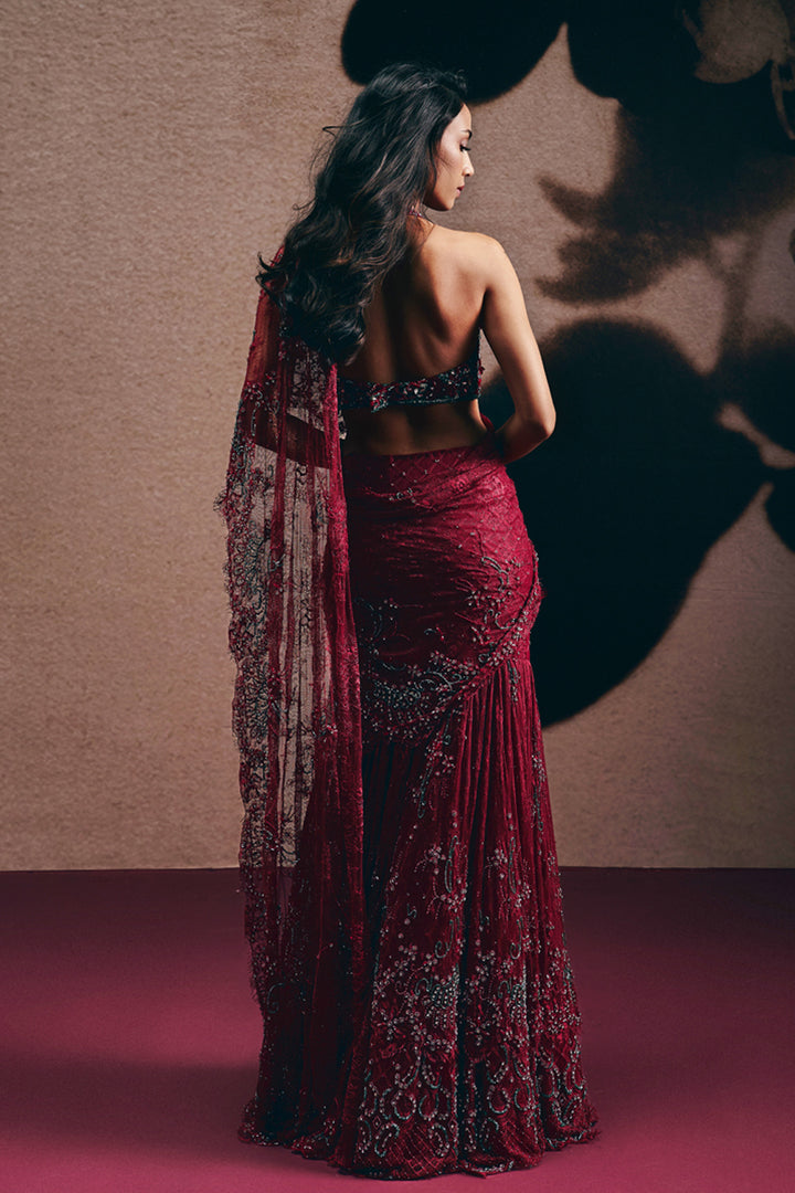 Anaya - Marsala Embellished Drape Saree Set (Pre-stitched)