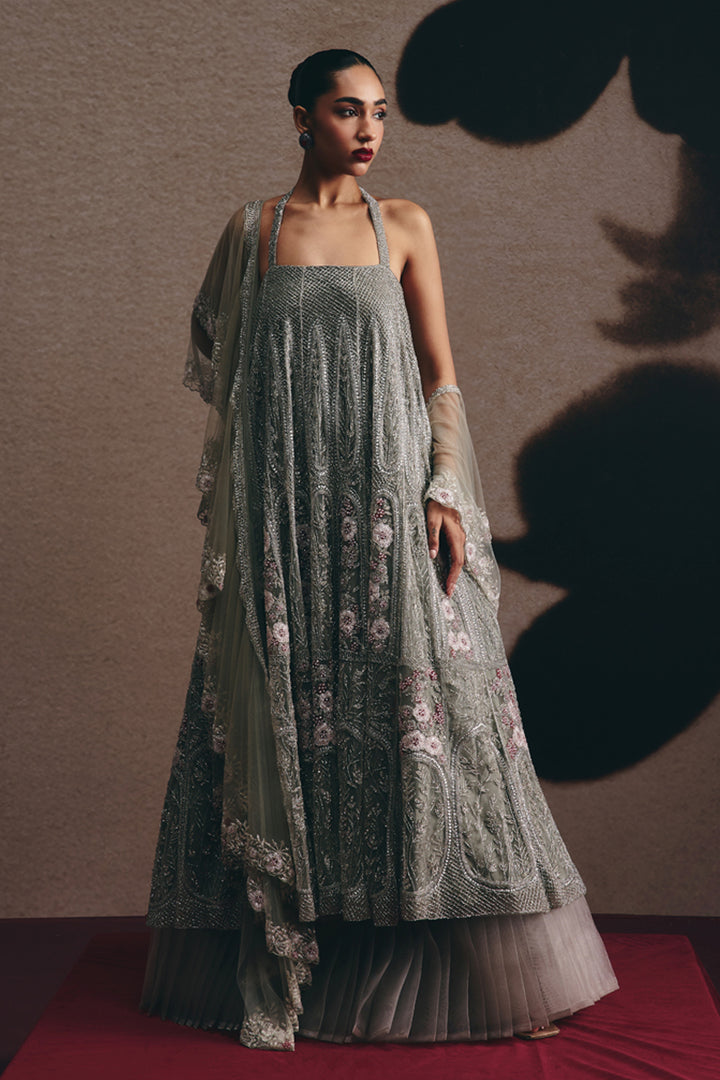 Mira - Ash Grey Anarkali and Lehenga Set With Ruffle Dupatta