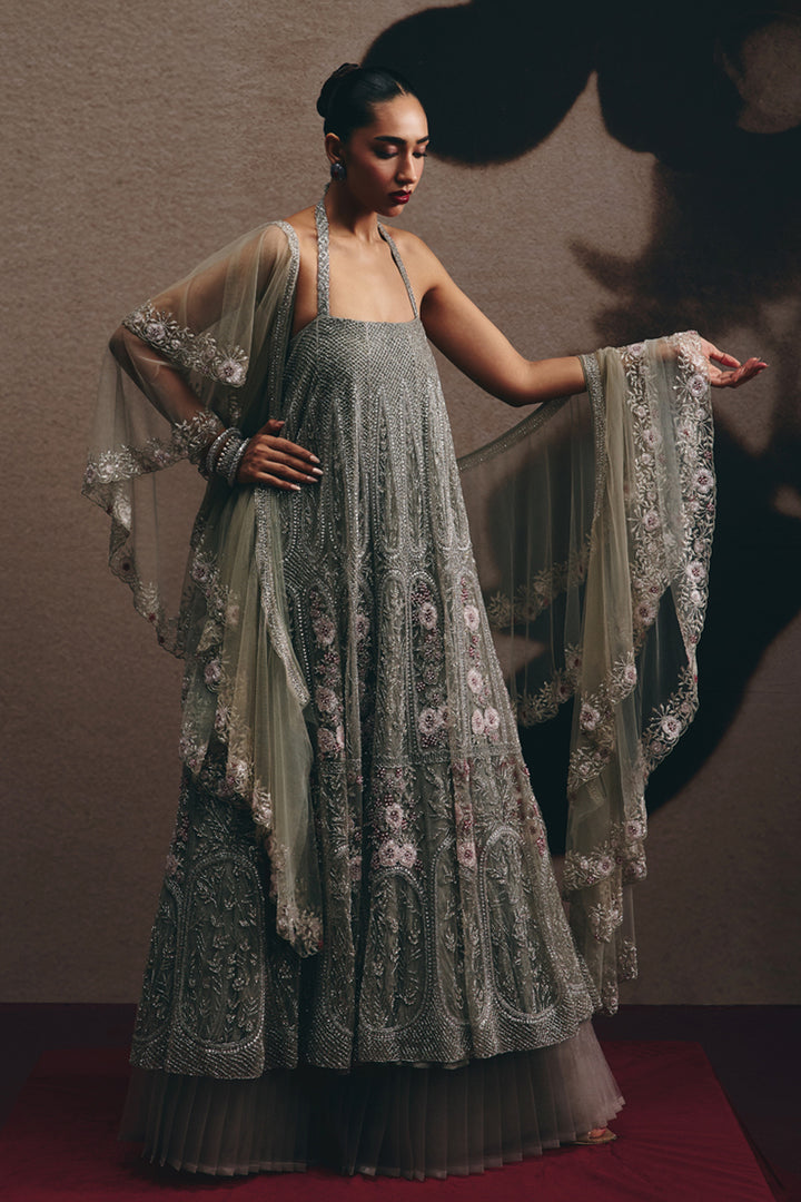 Mira - Ash Grey Anarkali and Lehenga Set With Ruffle Dupatta