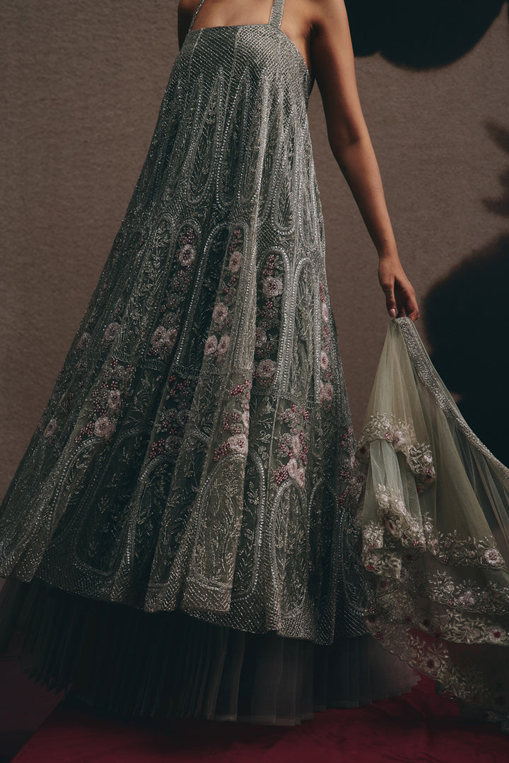 Mira - Ash Grey Anarkali and Lehenga Set With Ruffle Dupatta
