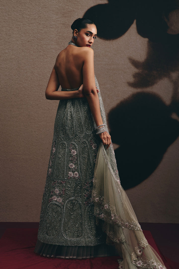 Mira - Ash Grey Anarkali and Lehenga Set With Ruffle Dupatta