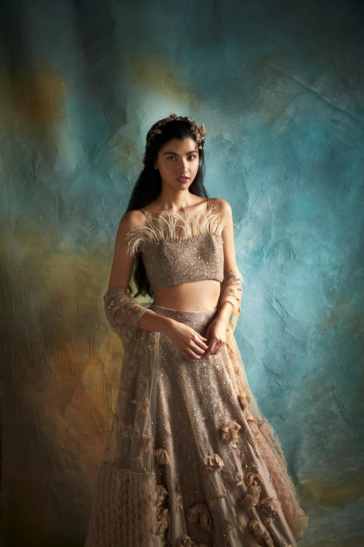 Nude Natasha Lehenga With Beaded Blouse And Faux Feathers