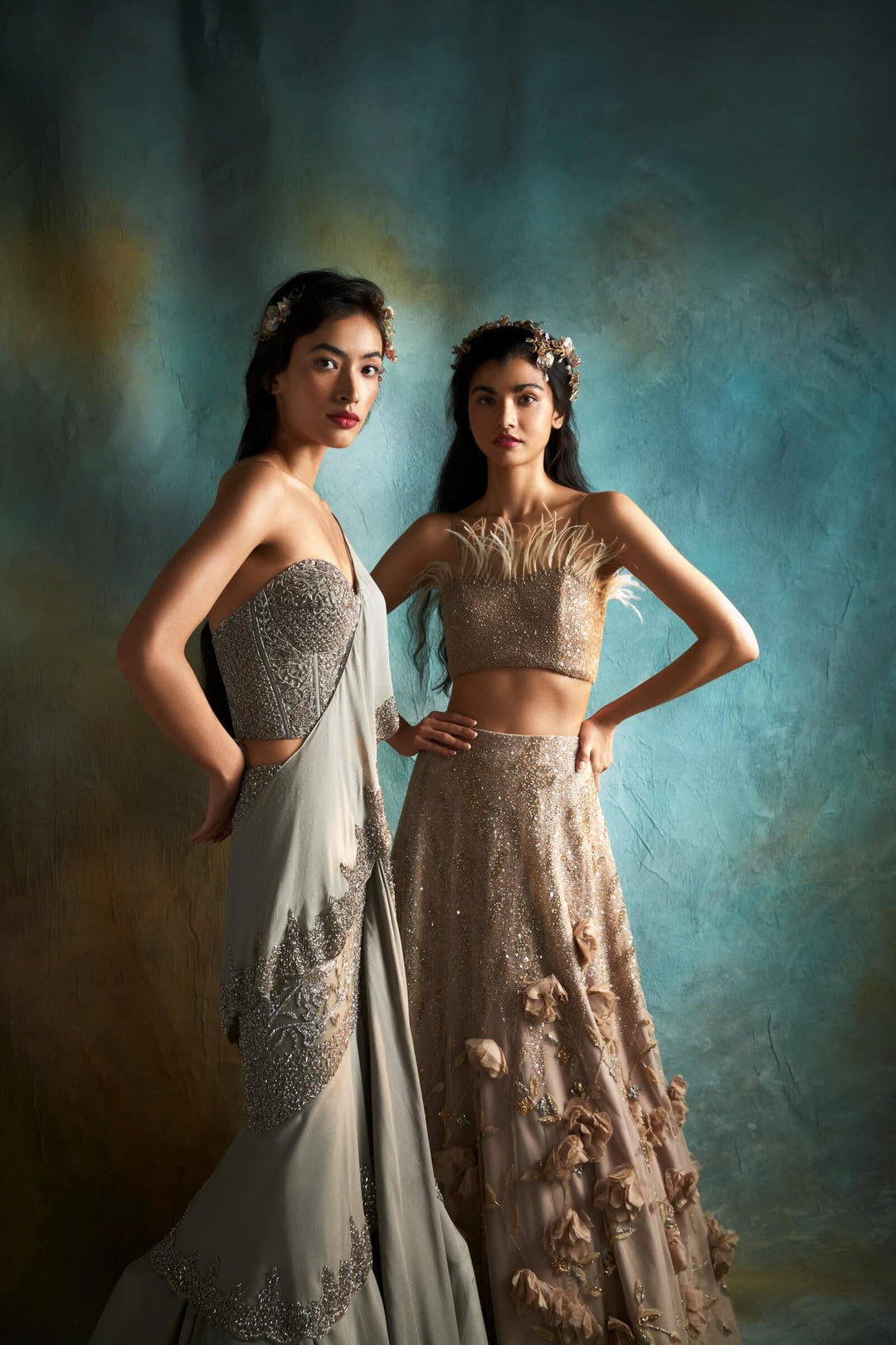 Nude Natasha Lehenga With Beaded Blouse And Faux Feathers