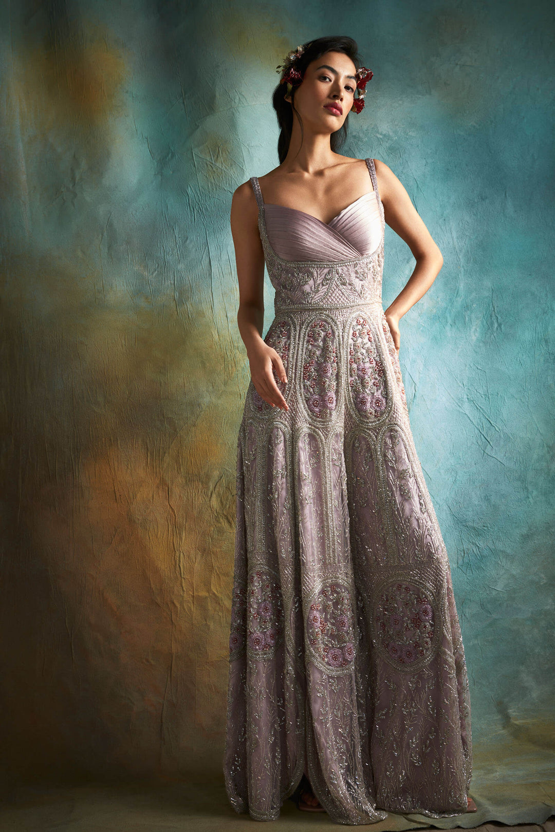 Pastel Pink Tulle Hand Embroidered Jumpsuit with Pleated Yoke