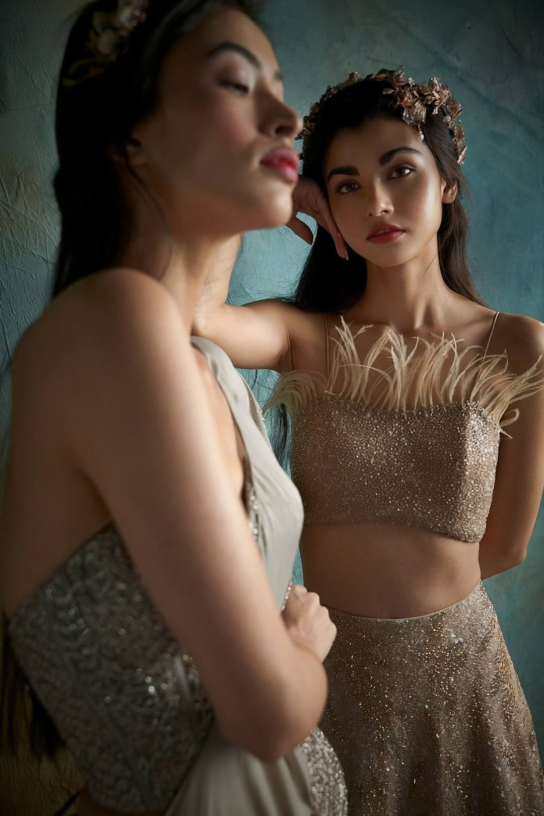Nude Natasha Lehenga With Beaded Blouse And Faux Feathers