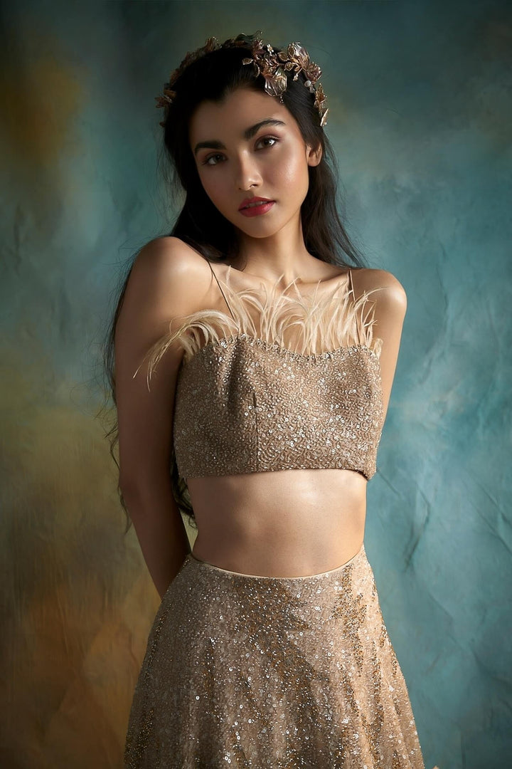 Nude Natasha Lehenga With Beaded Blouse And Faux Feathers