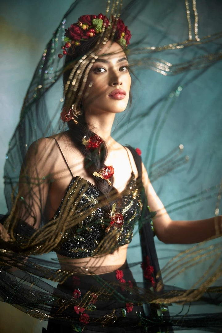 Black Petunia Lehenga With Beaded Blouse And Dupatta