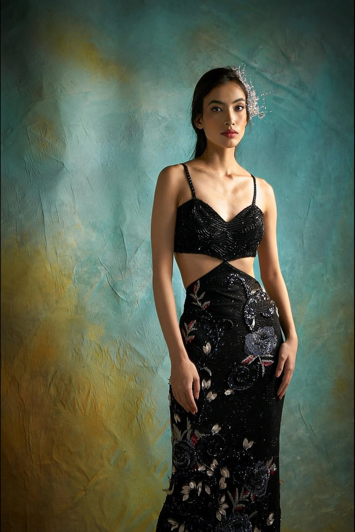 Black Cut Out Gown With 3d Flower Embroidery