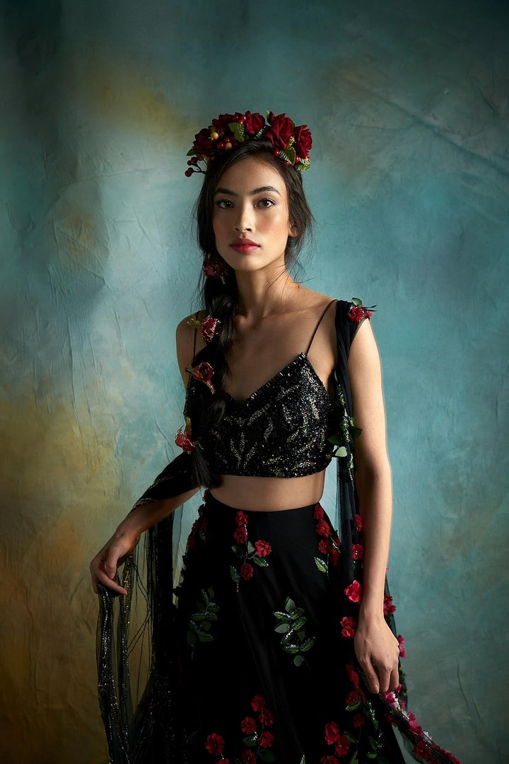 Black Petunia Lehenga With Beaded Blouse And Dupatta