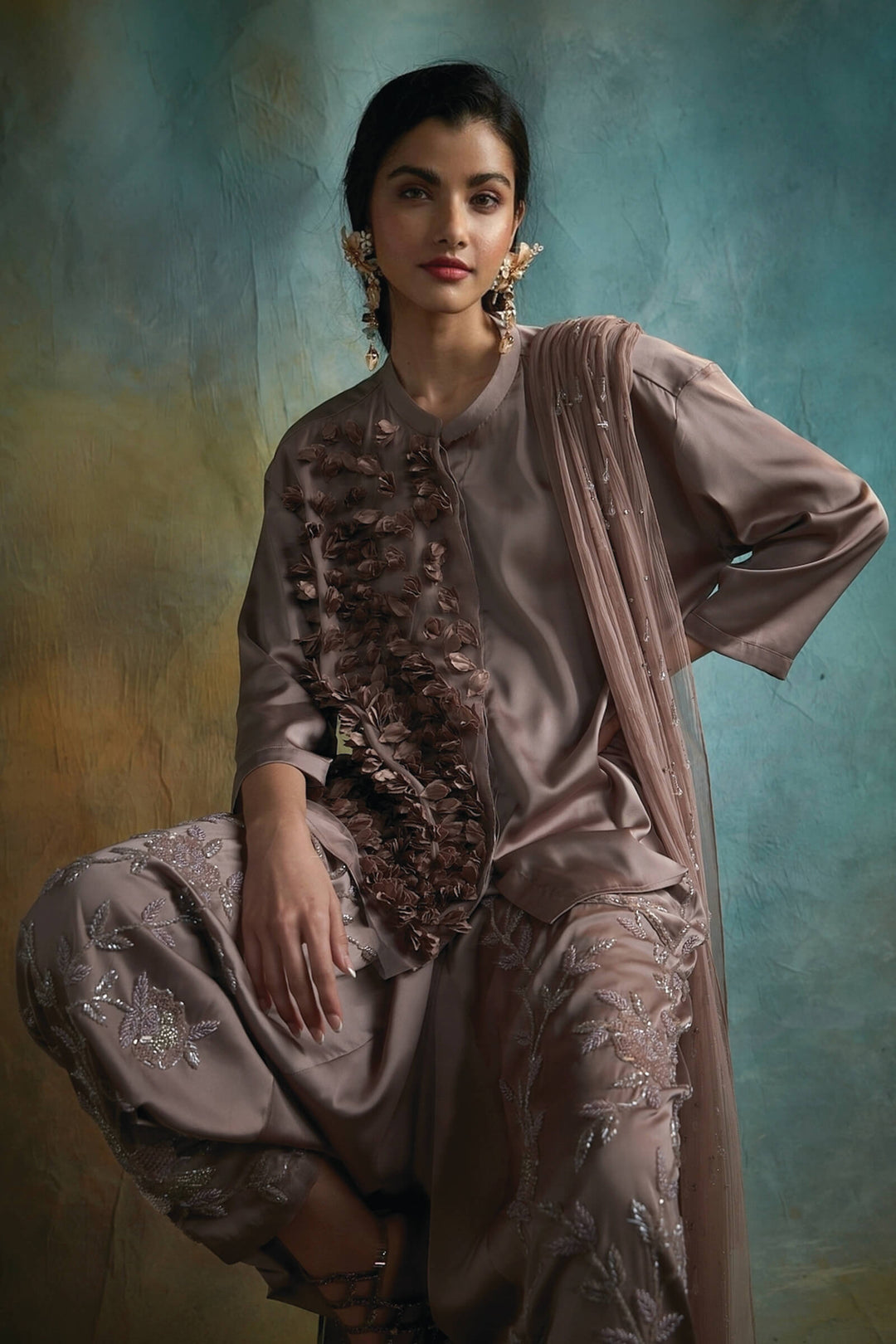 Satin Drop Crotch Pants Set With Crystal Embellished Chiffon Dupatta (Deep Crepe)