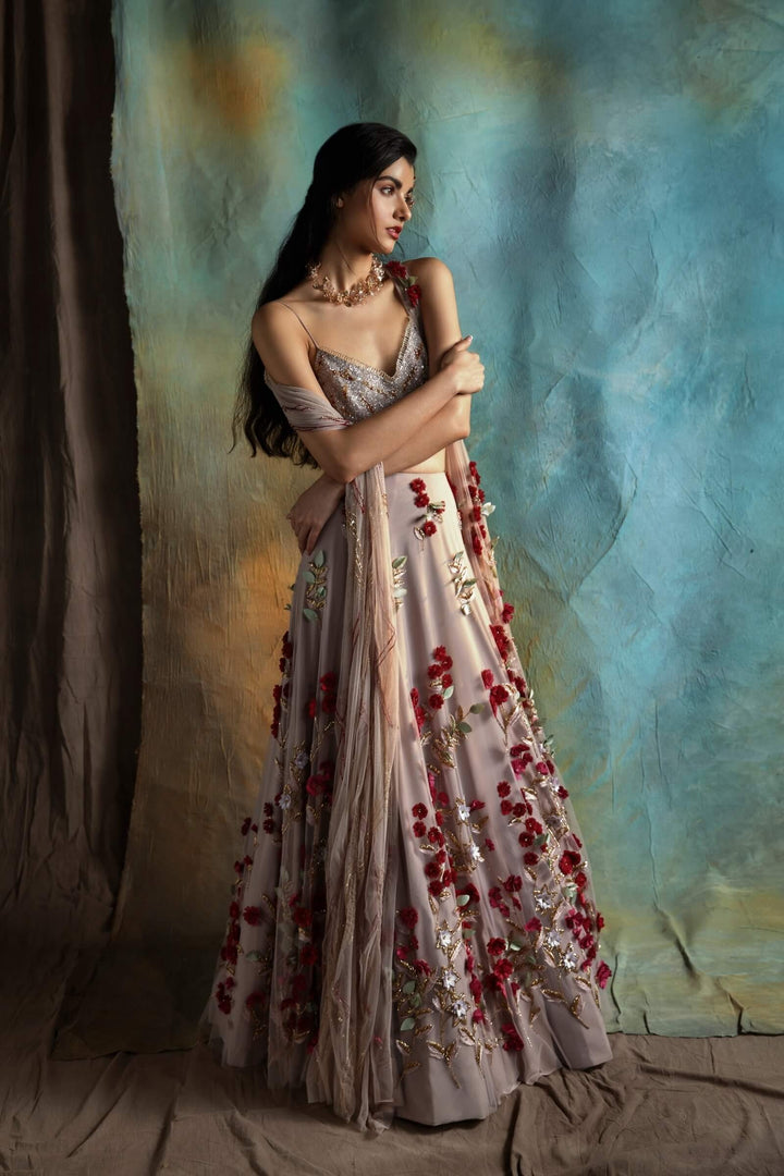 Pink Petunia Lehenga With Beaded Blouse And Dupatta