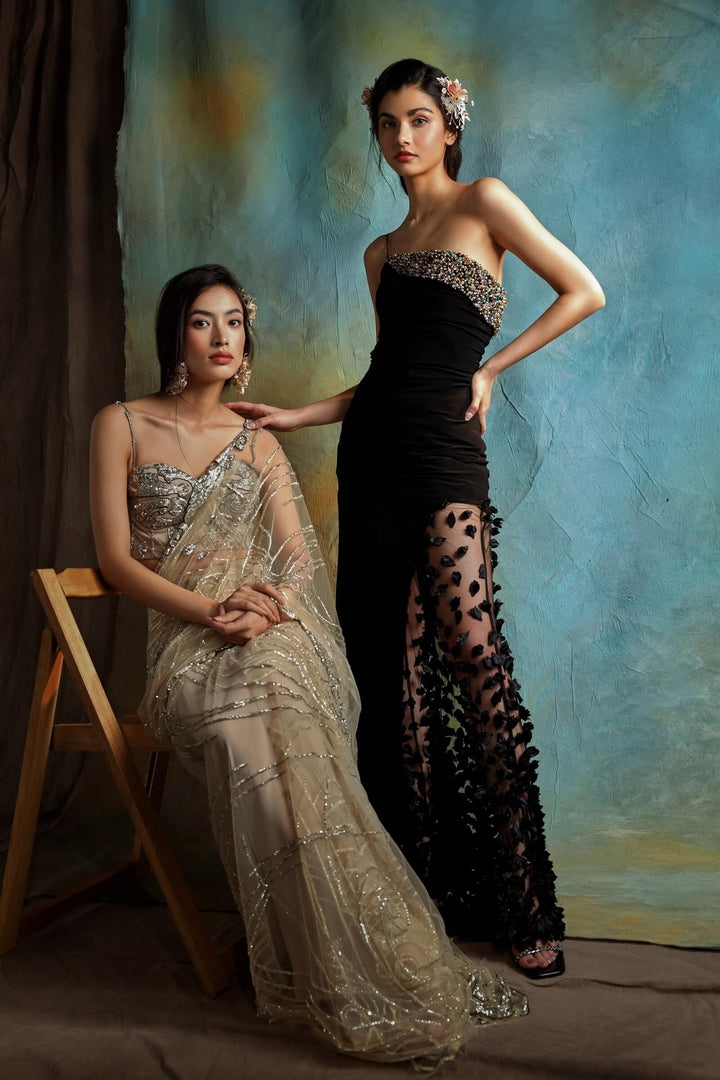 Black Jersey Slit Top With Petal Pants