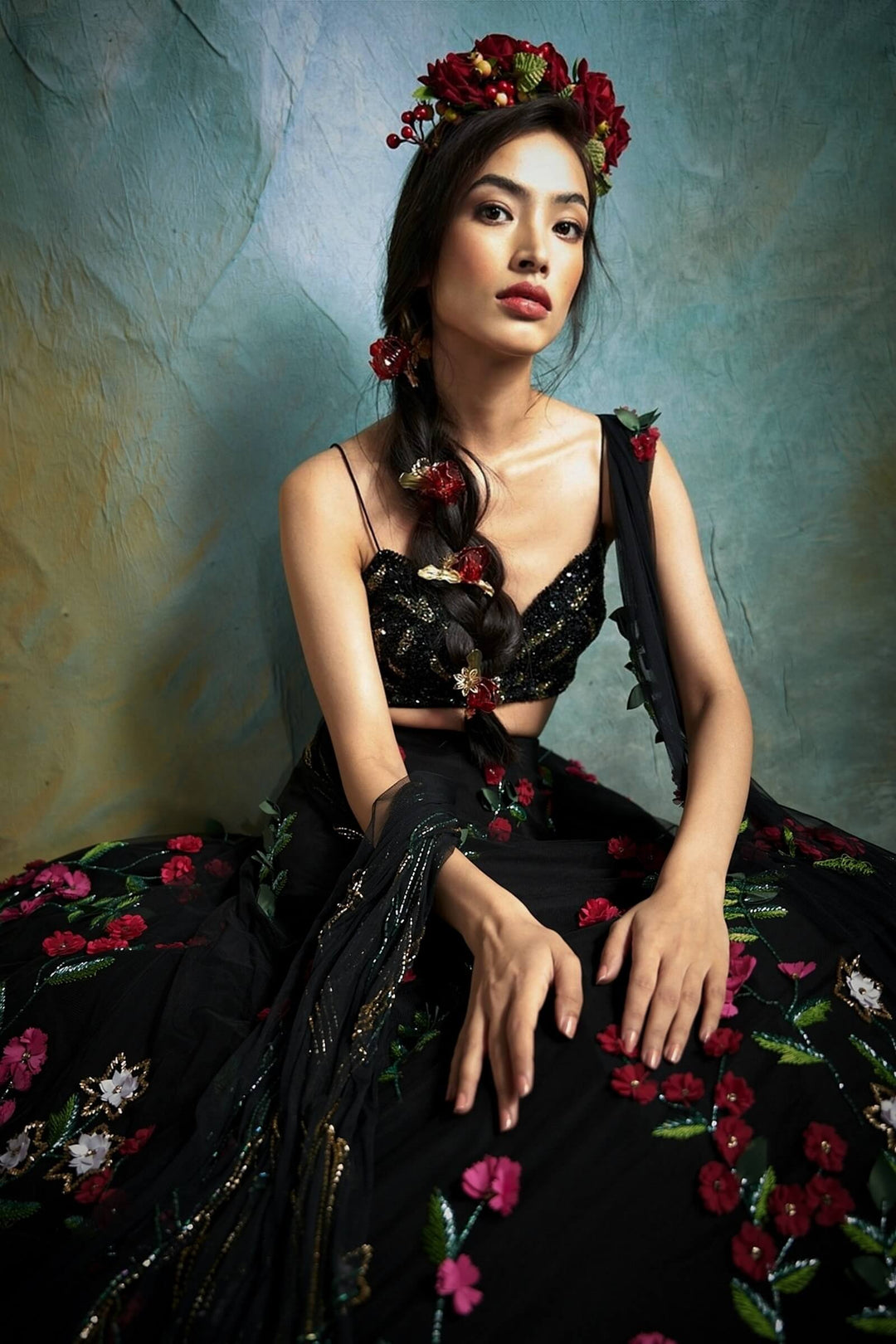 Black Petunia Lehenga With Beaded Blouse And Dupatta