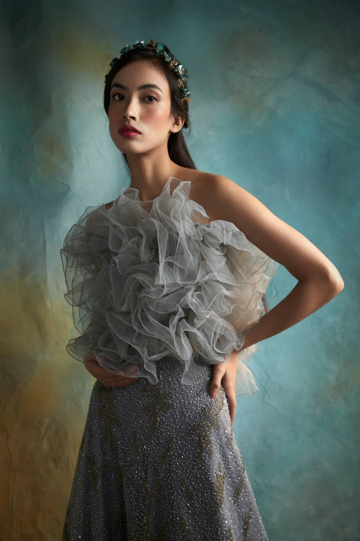 Grey Natasha Lehenga With Ruffled Poof Top