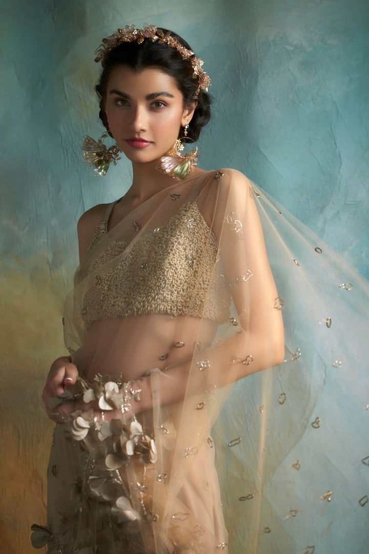 Full Bloom Tulle Saree With Beaded Blouse (Nude)