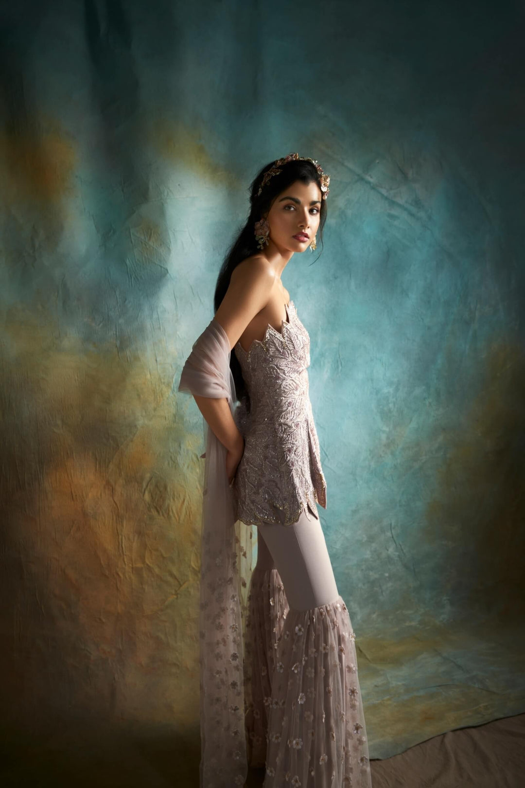 Pink Embroidered Peplum And Sharara Set