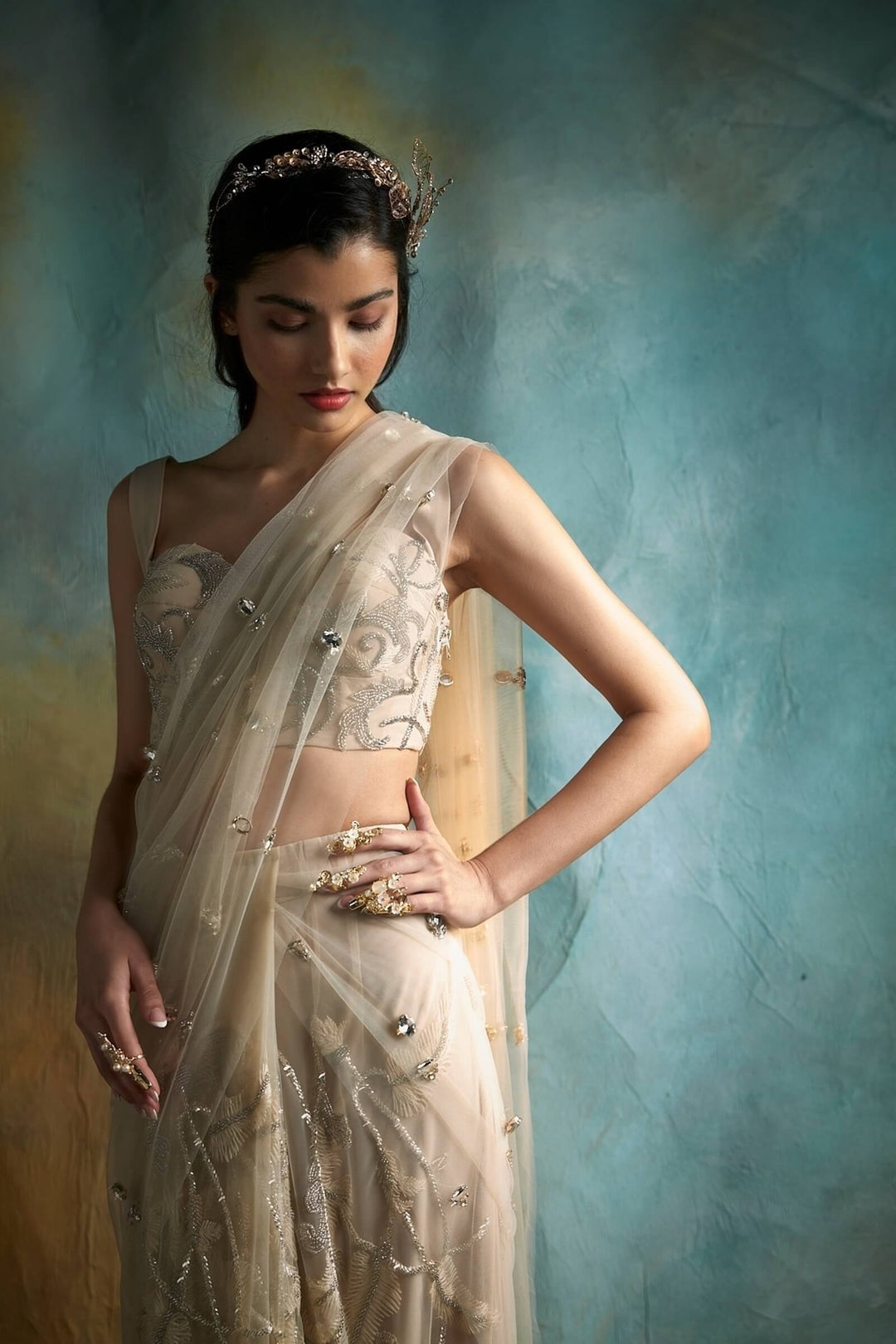 Champagne Tulle Saree With Stone Aanchal And Threadwork Blouse