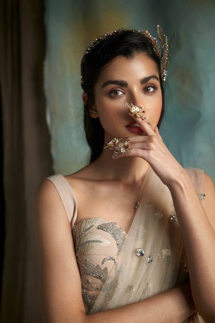 Champagne Tulle Saree With Stone Aanchal And Threadwork Blouse