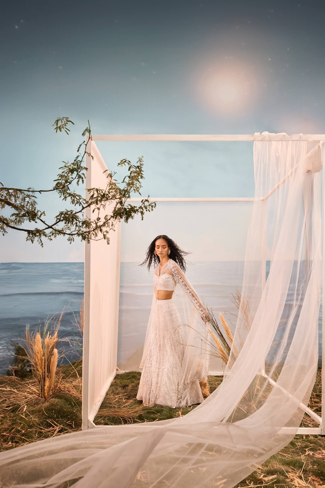 Ivory Thread Work Lehenga With Corset Blouse And Dupatta