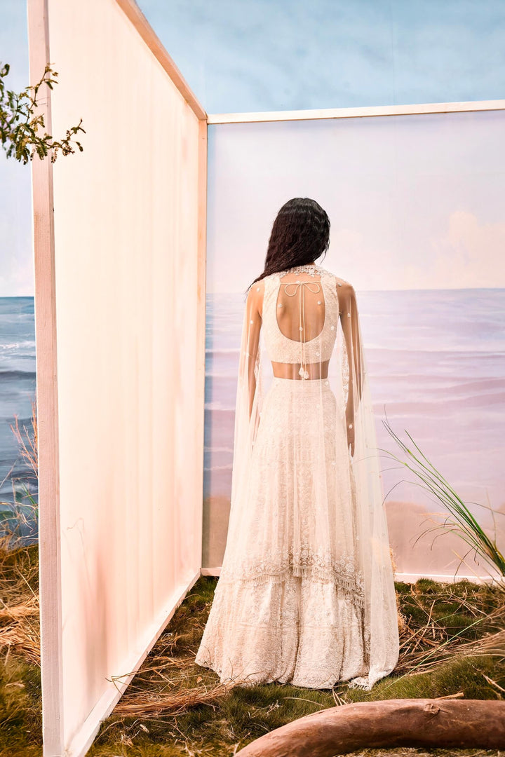 Ivory Thread Work Lehenga With Corset Blouse And Dupatta