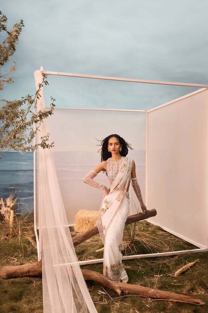 White Pre-stitched Tulle Saree And Blouse With Geometric Embroidery