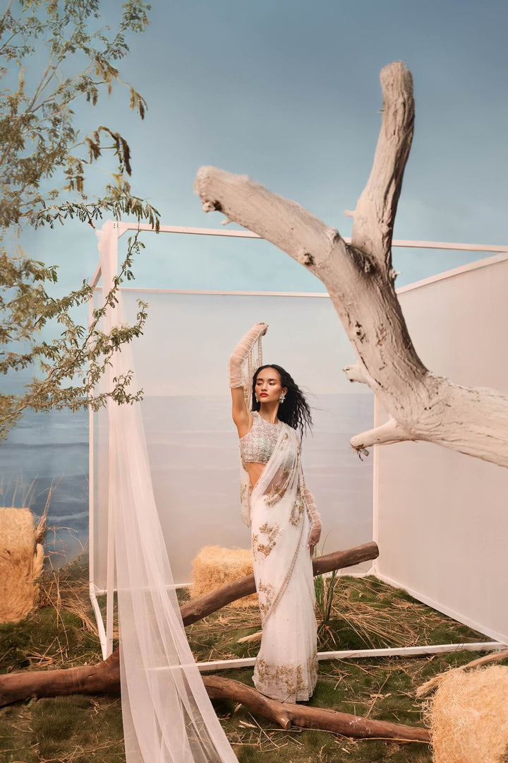 White Pre-stitched Tulle Saree And Blouse With Geometric Embroidery