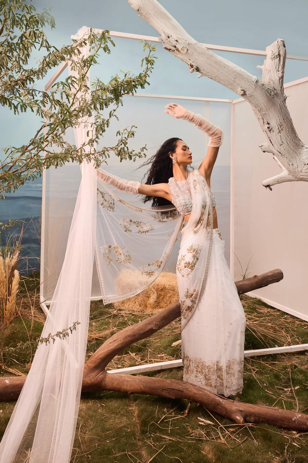 White Pre-stitched Tulle Saree And Blouse With Geometric Embroidery