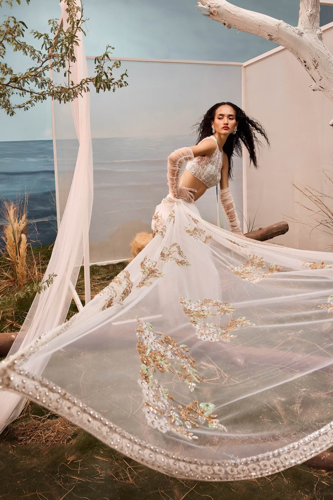 White Pre-stitched Tulle Saree And Blouse With Geometric Embroidery