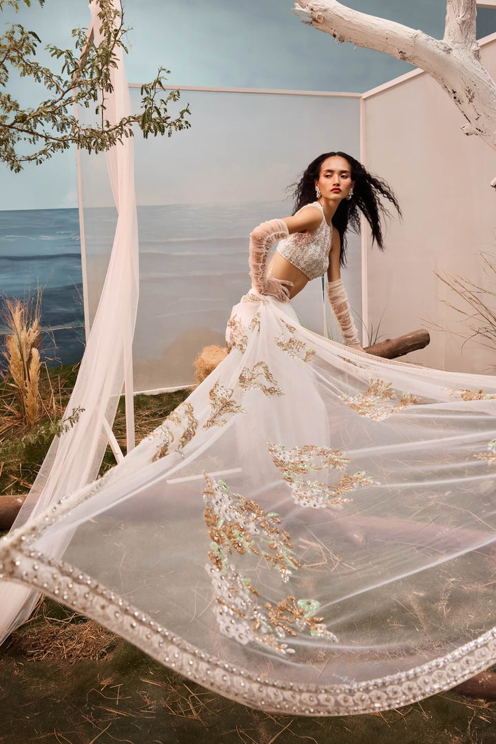 White Pre-stitched Tulle Saree And Blouse With Geometric Embroidery